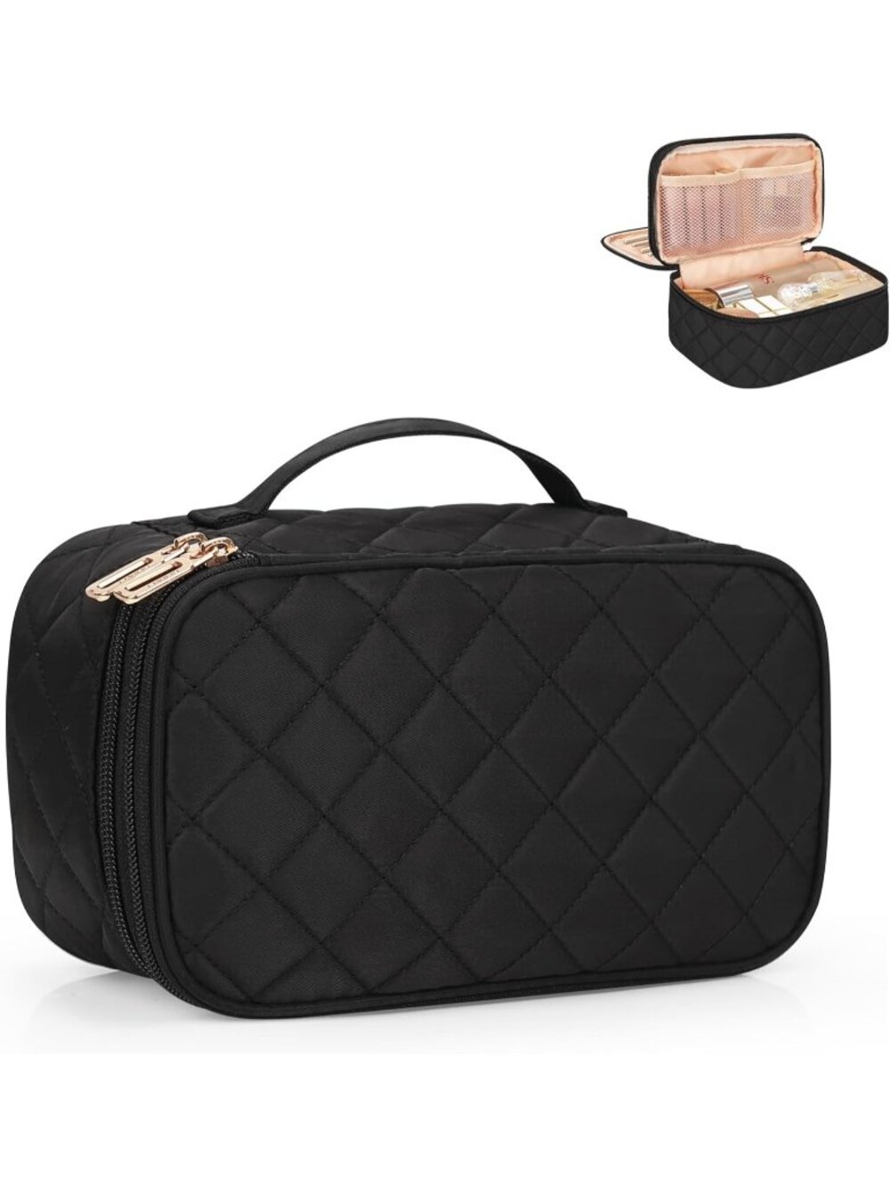 New 2 Layer Small Travel Makeup Bag Organizer Cosmetic Bag for Women - Black